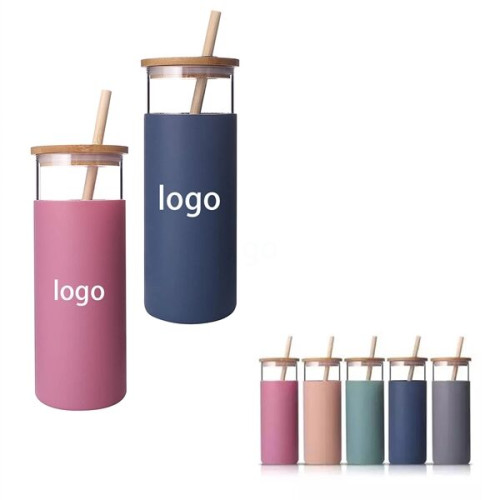 16 OZ Bamboo Lid Tumbler Glass Water Bottle with Straw and s